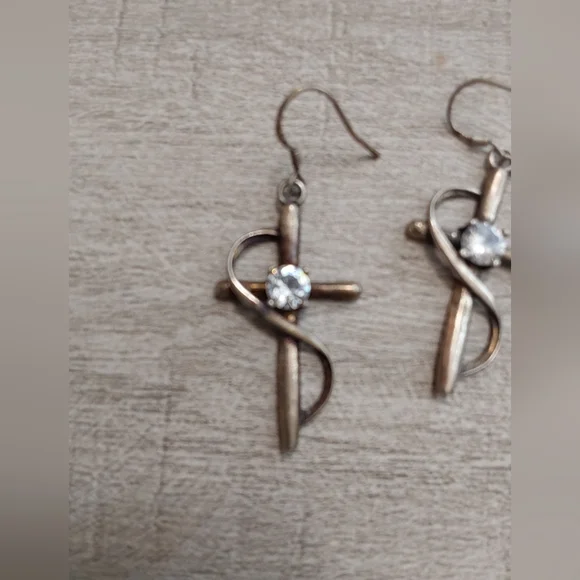 Vintage Christian Sterling Silver Cross Earrings with Clear Stone - Picture 2 of 4